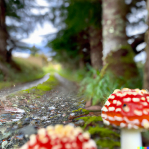 Amanita muscaria mushrooms along a path into the woods.