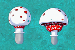 Amanita muscaria mushrooms with a magnifying glass hovering over them